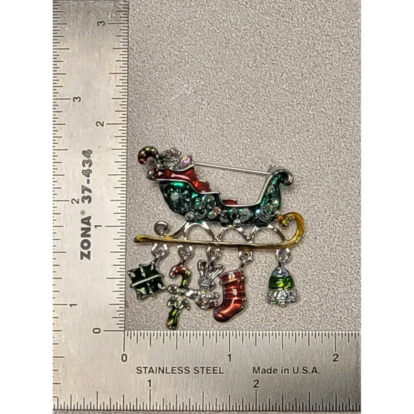 Enameled Christmas Sleigh Brooch Pin Red Green Holiday Jewelry Gift Idea - Picture 2 of 2